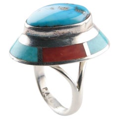 Vintage Native American Paiute Michael Rogers Turquoise and Coral Ring, Size 4.5