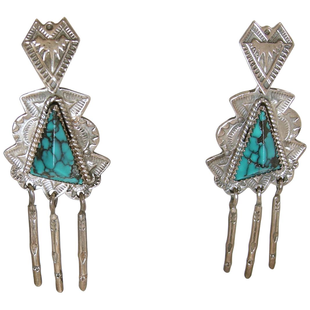 Vintage Native American Signed JR Silversmiths, Turquoise Sterling Earrings For Sale