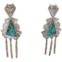 Retro Native American Signed JR Silversmiths, Turquoise Sterling Earrings