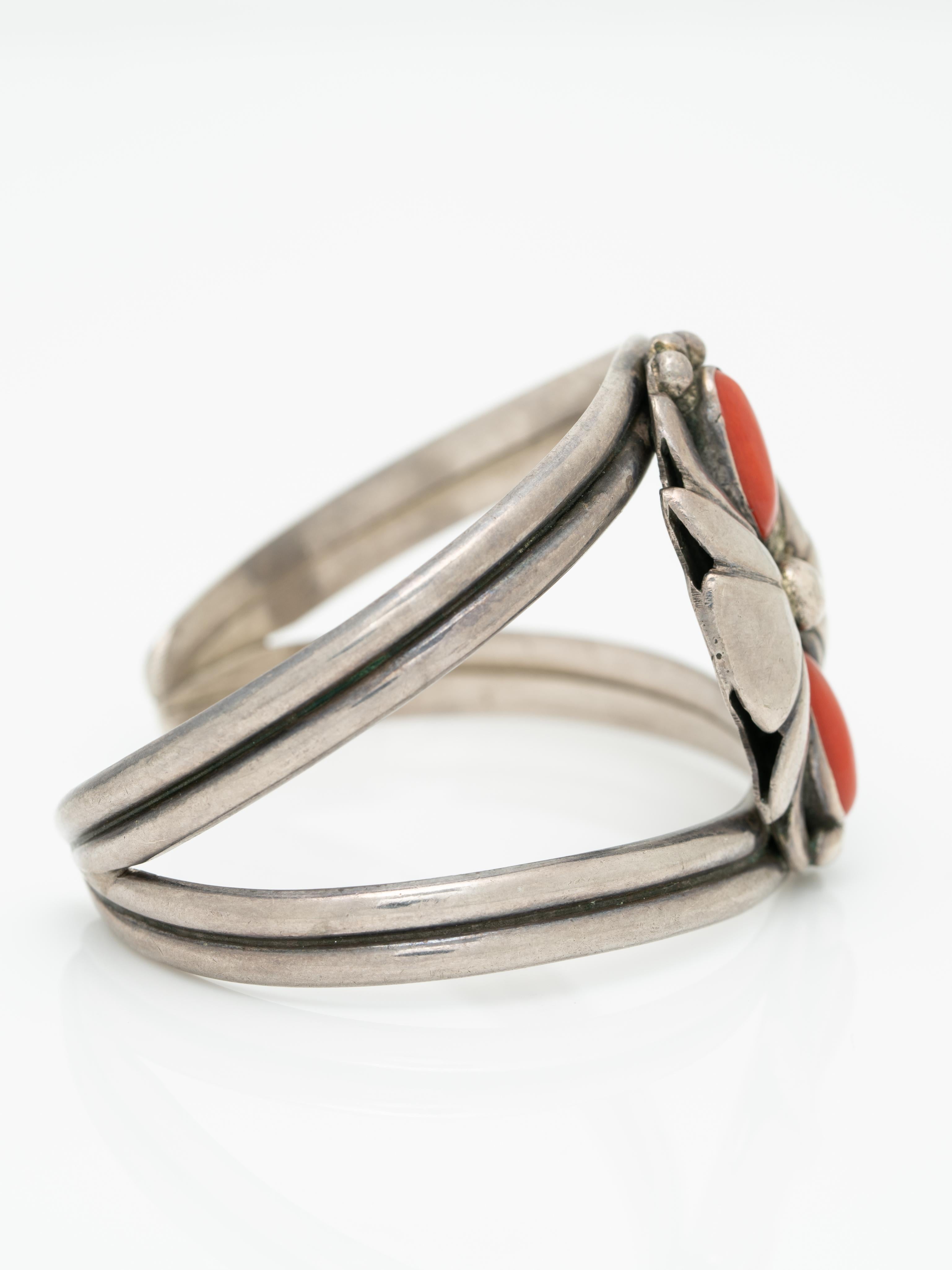 Oval Cut Vintage Native American Sterling Silver and Coral Navajo Cuff Bracelet