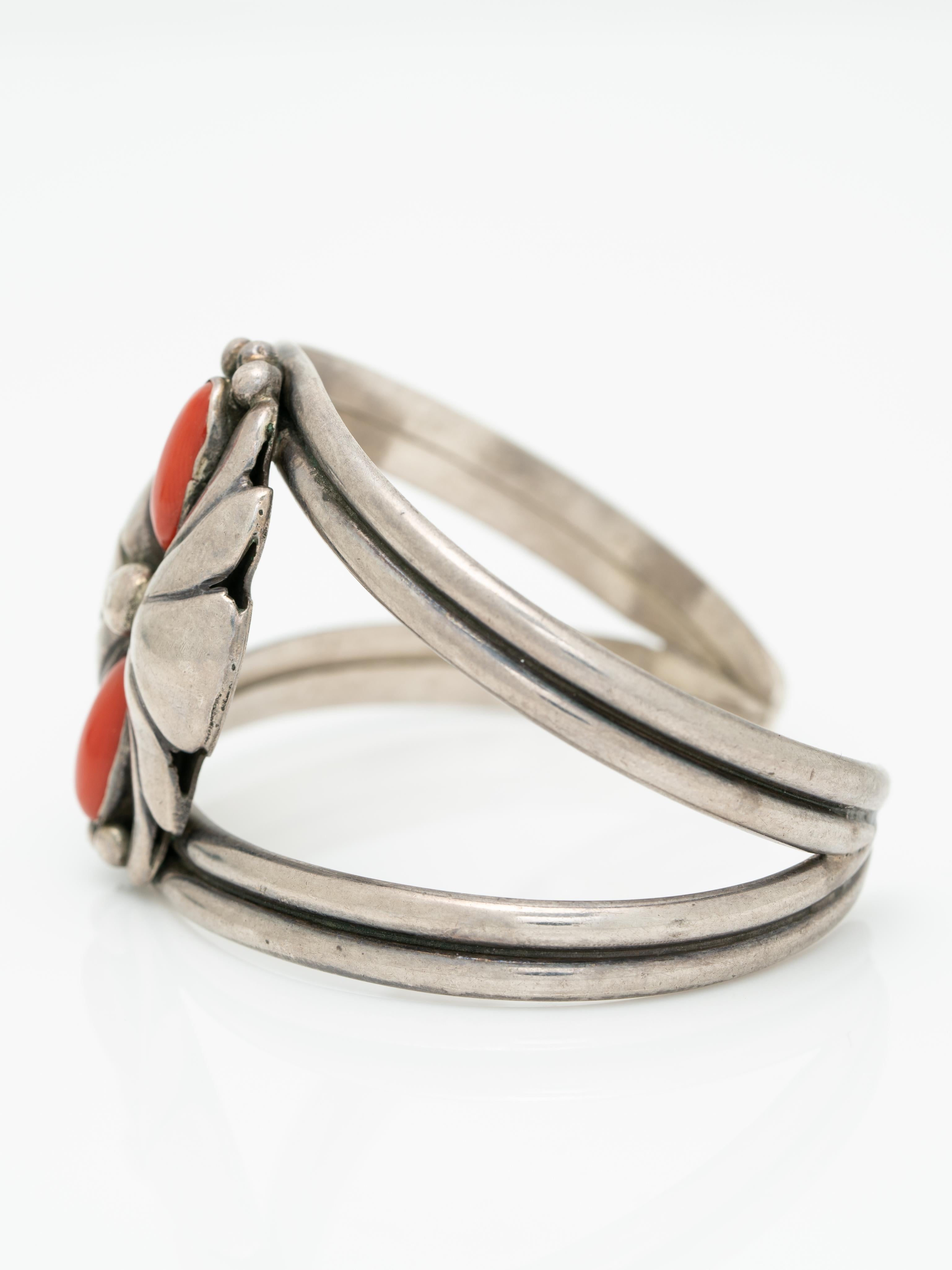 Vintage Native American Sterling Silver and Coral Navajo Cuff Bracelet In Good Condition In New York, NY