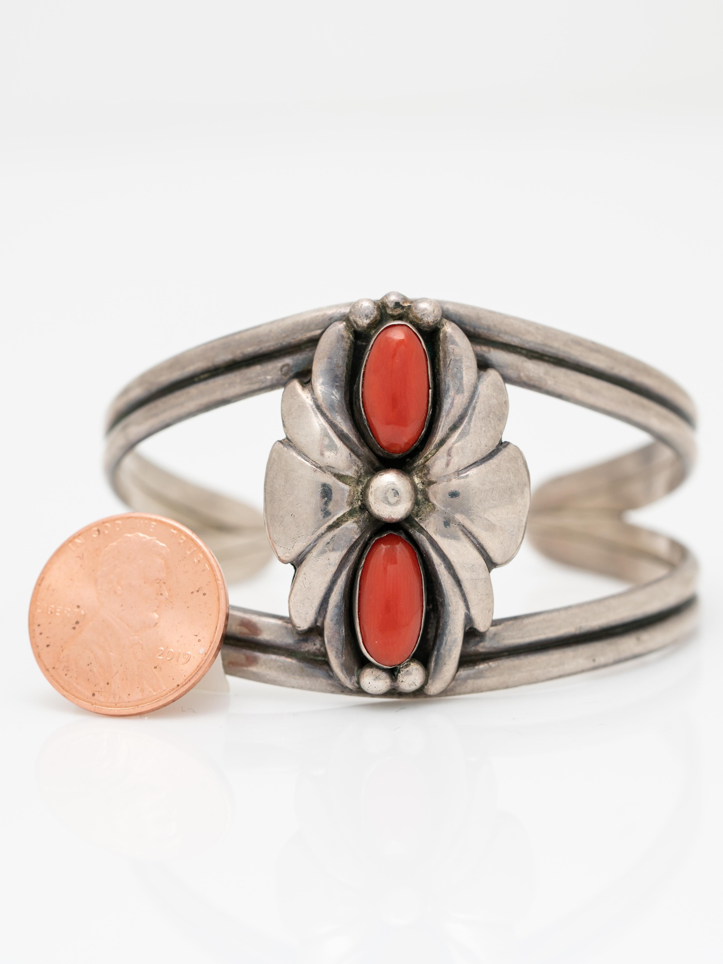 Vintage Native American Sterling Silver and Coral Navajo Cuff Bracelet 2