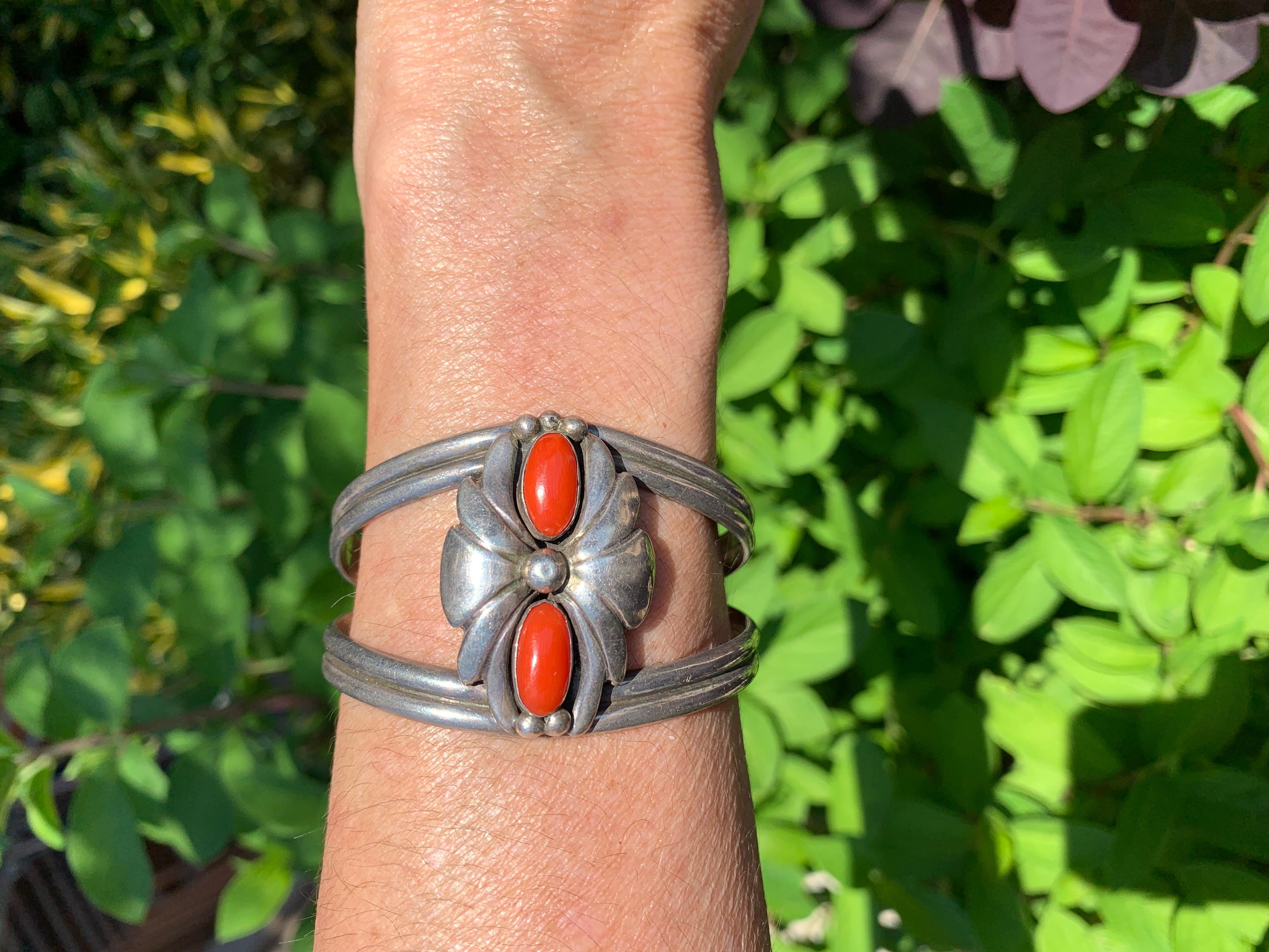 Vintage Native American Sterling Silver and Coral Navajo Cuff Bracelet 3