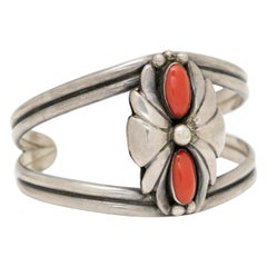 Vintage Native American Sterling Silver and Coral Navajo Cuff Bracelet