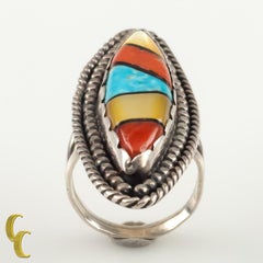 Vintage Native American Sterling Silver Lapidary Inlay Ring, Size 6.5