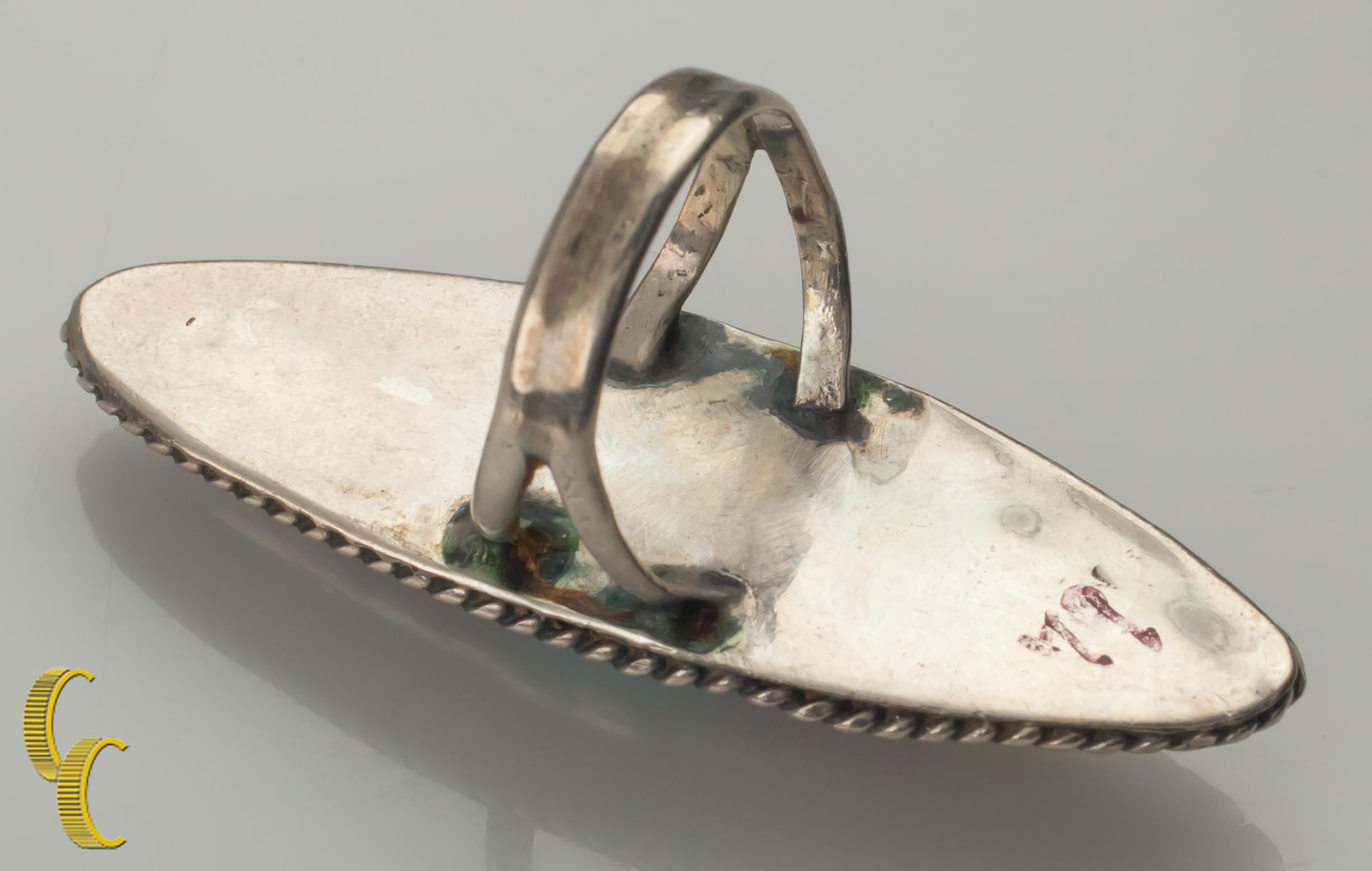 Vintage Native American Sterling Silver Lapidary Inlay Ring, Size 6.5 In Good Condition For Sale In Van Nuys, CA