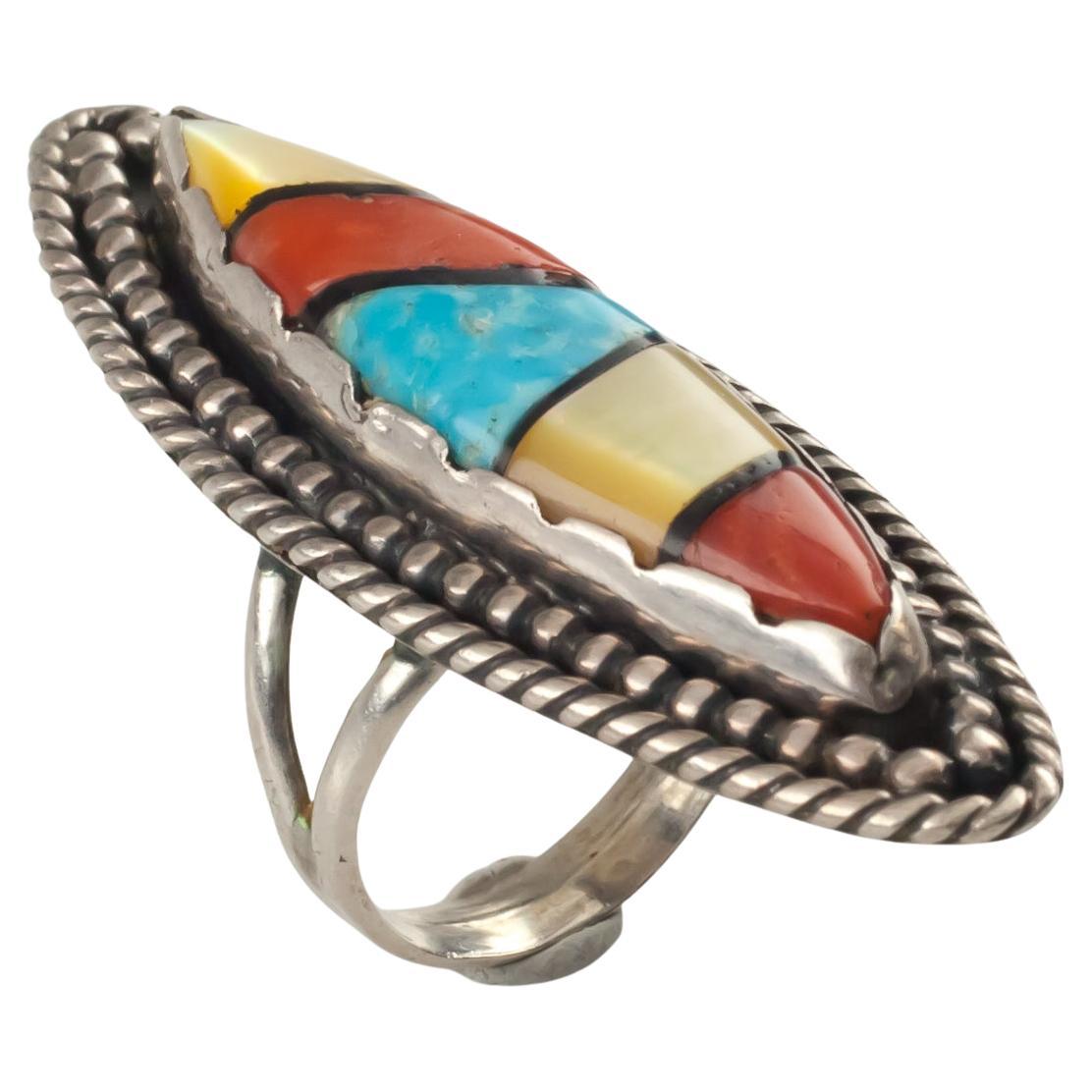 Vintage Ring mit Lapidar-Intarsien aus Sterlingsilber der amerikanischen Ureinwohner, Größe 6,5