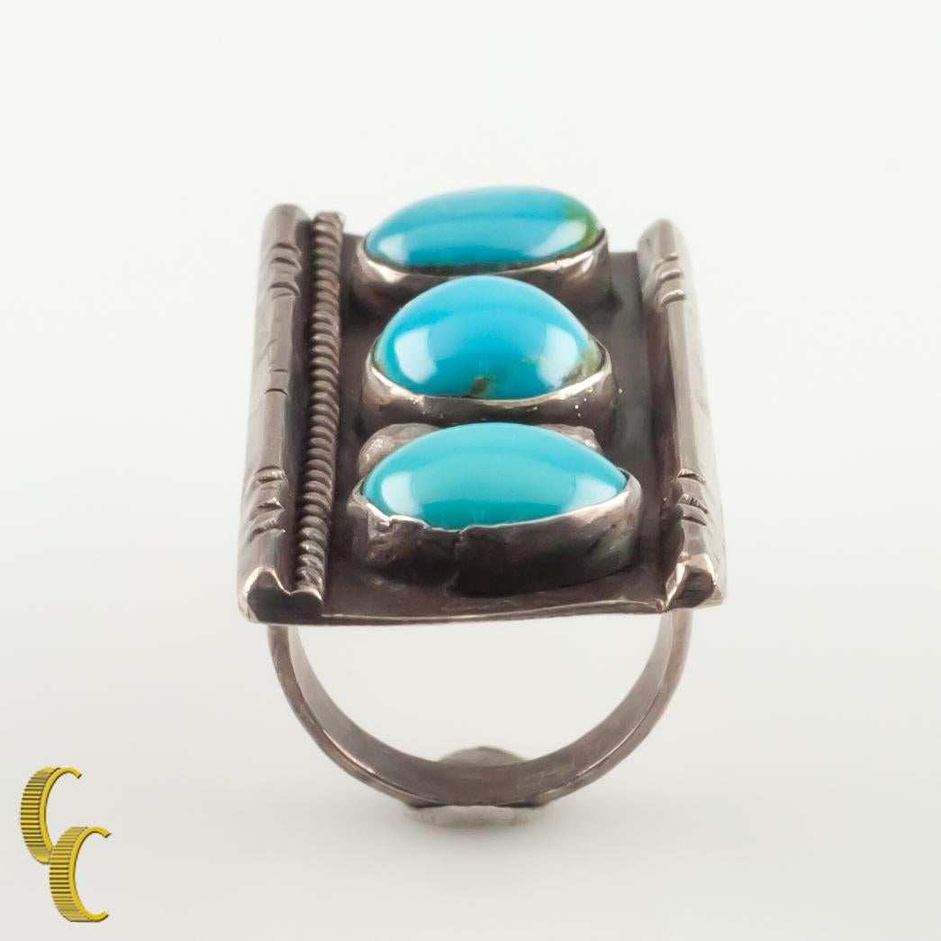 Nice vintage Native American silver ring with three turquoise.
Size: 6.5.
Length: 46 mm.
Metal: 0.925 sterling silver.
Weight: 14.9 grams.