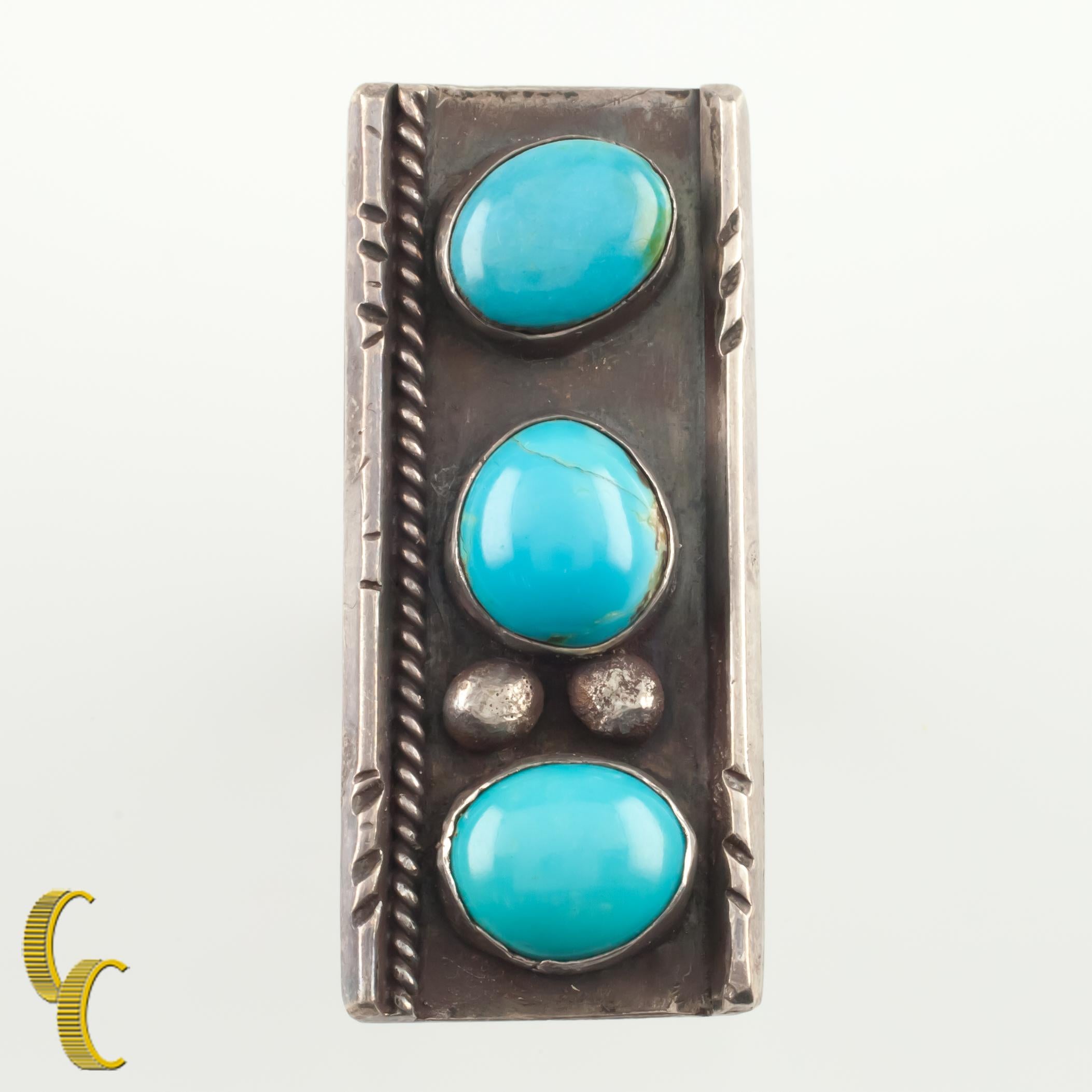 Cabochon Vintage Native American Sterling Silver Three Turquoise Ring, Size 6.5 For Sale