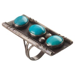 Vintage Native American Sterling Silver Three Turquoise Ring, Size 6.5