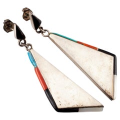 Vintage Native American Sterling Silver Turquoise and Coral Triangle Earrings