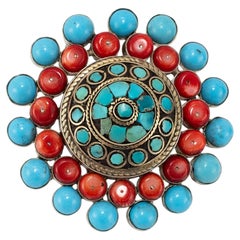 Vintage Native American Sterling Silver Turquoise Coral Mosaic Belt Buckle