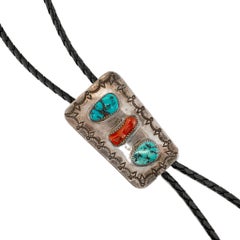 Vintage Native American Sterling Silver Turquoise Coral Snake Bolo Tie Necklace