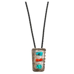 Vintage Native American Sterling Silver Turquoise Coral Snake Bolo Tie Necklace