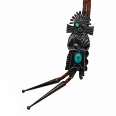 Vintage Native American Sterling Silver Turquoise Katsina Figure Bolo Tie