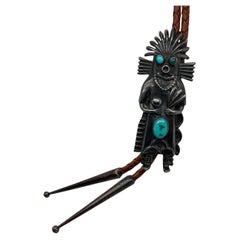 Vintage Native American Sterling Silver Turquoise Katsina Figure Bolo Tie