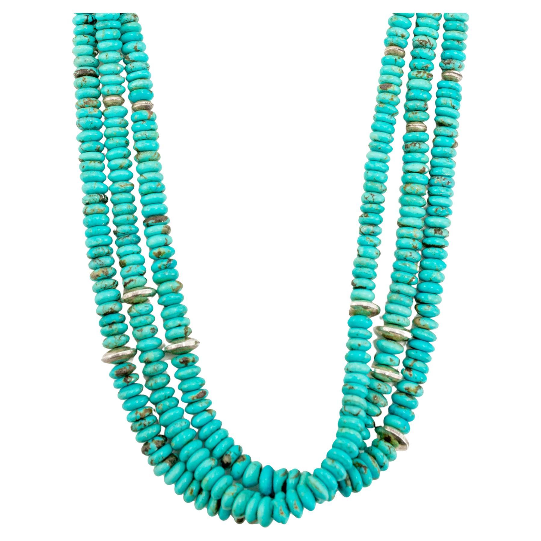 Vintage Native American Sterling Silver Turquoise Multi-Strand Bead Necklace