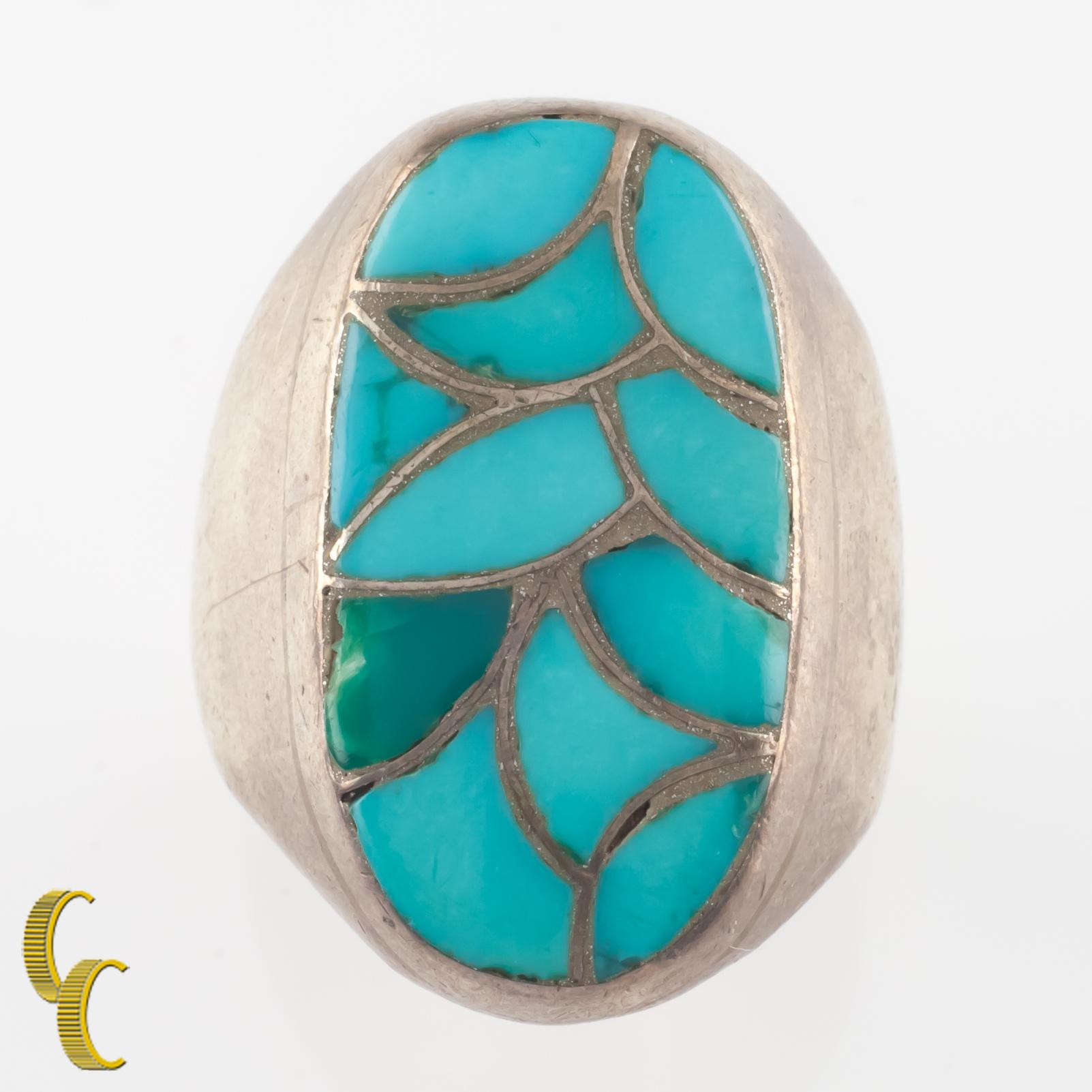 Cabochon Vintage Native American Sterling Silver & Turquoise Navajo Ring, Size 10.25 For Sale