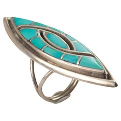 Vintage Native American Sterling Silver Turquoise & Onyx Ring, Size 5.25