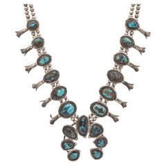 Vintage Native American Sterling Silver Turquoise Squash Blossom Beaded Necklace