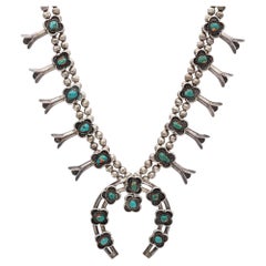 Vintage Native American Sterling Silver Turquoise Squash Blossom Beaded Necklace