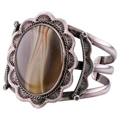 Vintage Native American Sterling Silver with Agate Cuff Bracelet, Size 6.25