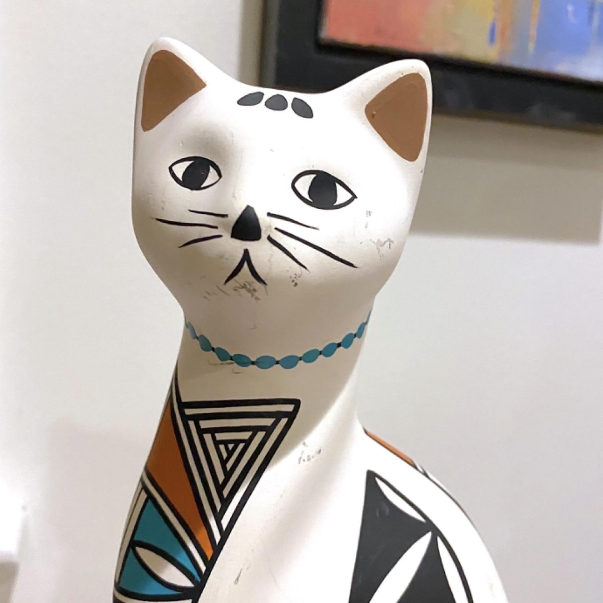 Acoma Pueblo Ceramic Cat Figurine - Native American Art - Hand Painted in geometric turquoise and black and terracotta.