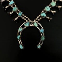 Vintage Native American Turquoise Navajo Squash Blossom Sterling Silver Necklace