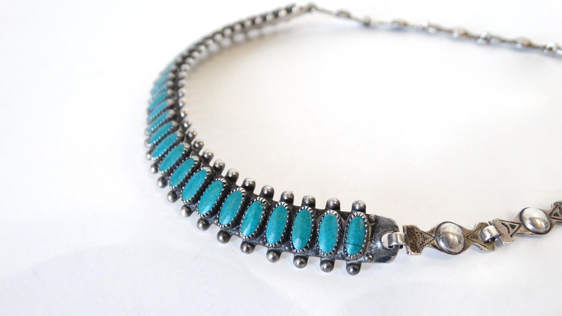 The Most Beautiful And Timeless Choker Is Here! Circa mid to late-20th century, this quality sterling silver Native American choker is inlayed with needle point cut Hubble glass stones. Small silver beads line the bottom and top trim of the