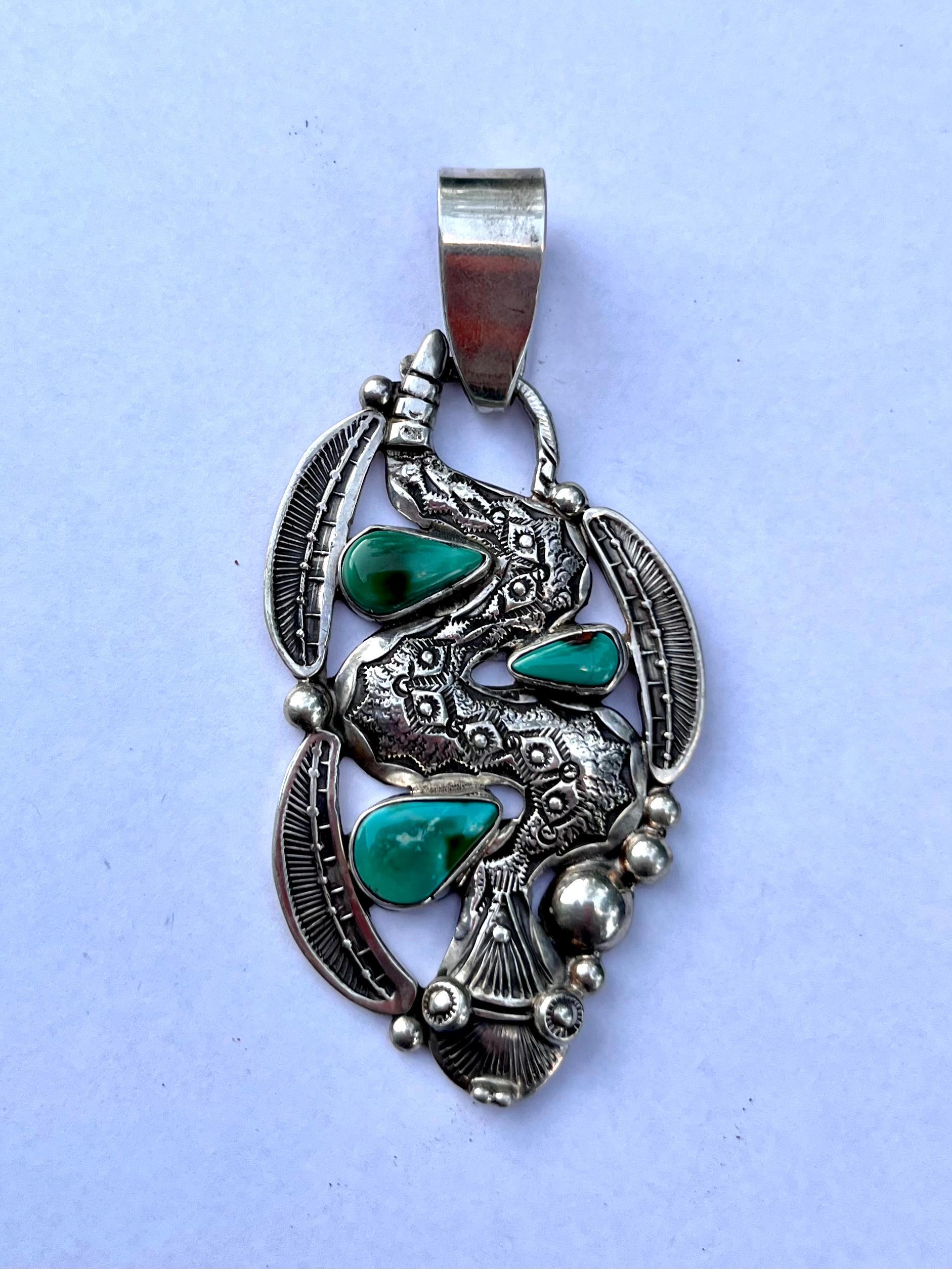 Vintage Native American Turquoise & Sterling Silver Snake Pendant by Art Tafoya In Good Condition For Sale In Greenport, NY