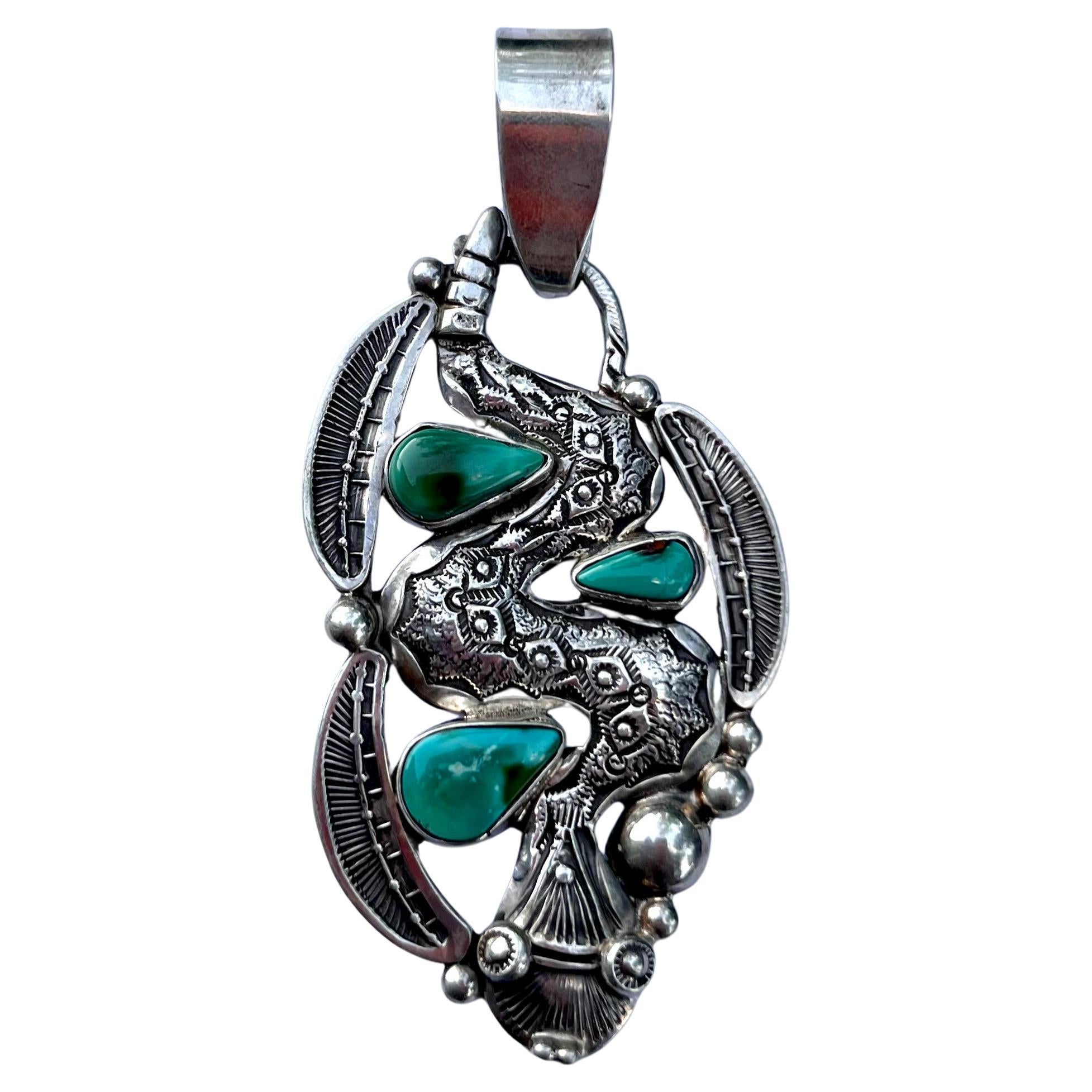 Vintage Native American Turquoise & Sterling Silver Snake Pendant by Art Tafoya For Sale