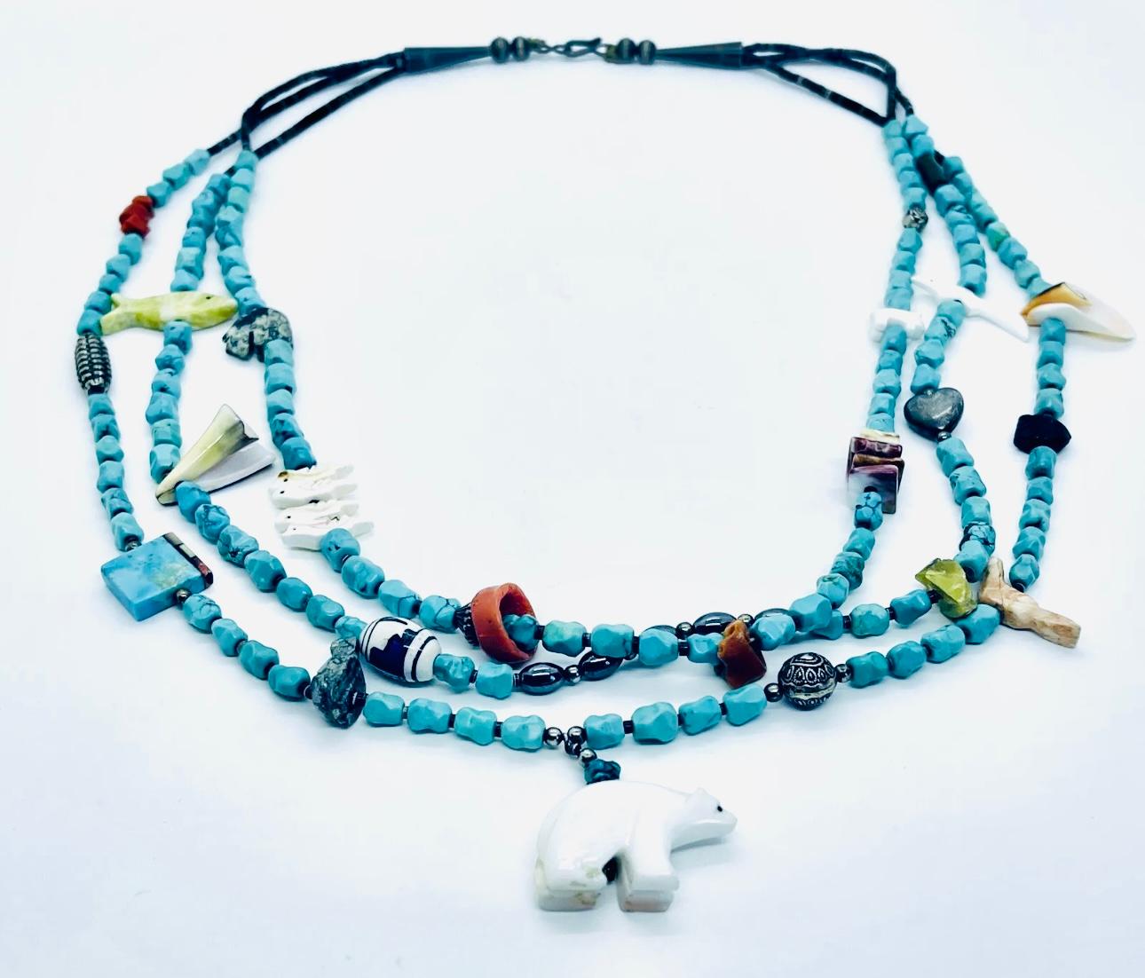 Vintage Santo Domingo Multi Strand Turquoise Treasure Fetish Bead Necklace For Sale 4
