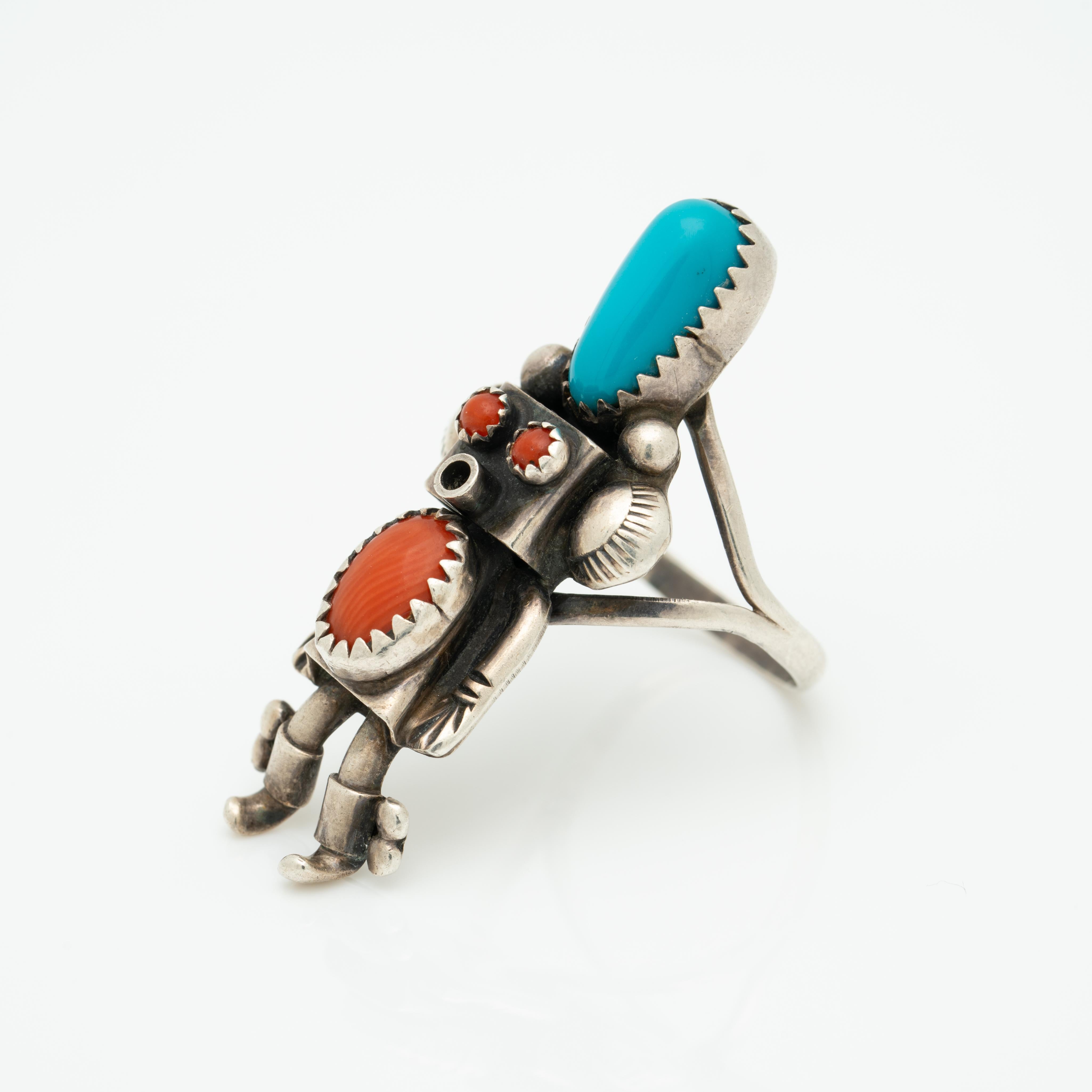 Vintage Native American Zuni Kachina Doll Ring featuring Coral and Turquoise 
(wards off evil)(good omen!) 
c.1970s / size 7

Height: 38.54mm
Width: 16.41mm
Weight: 5.92 grams 