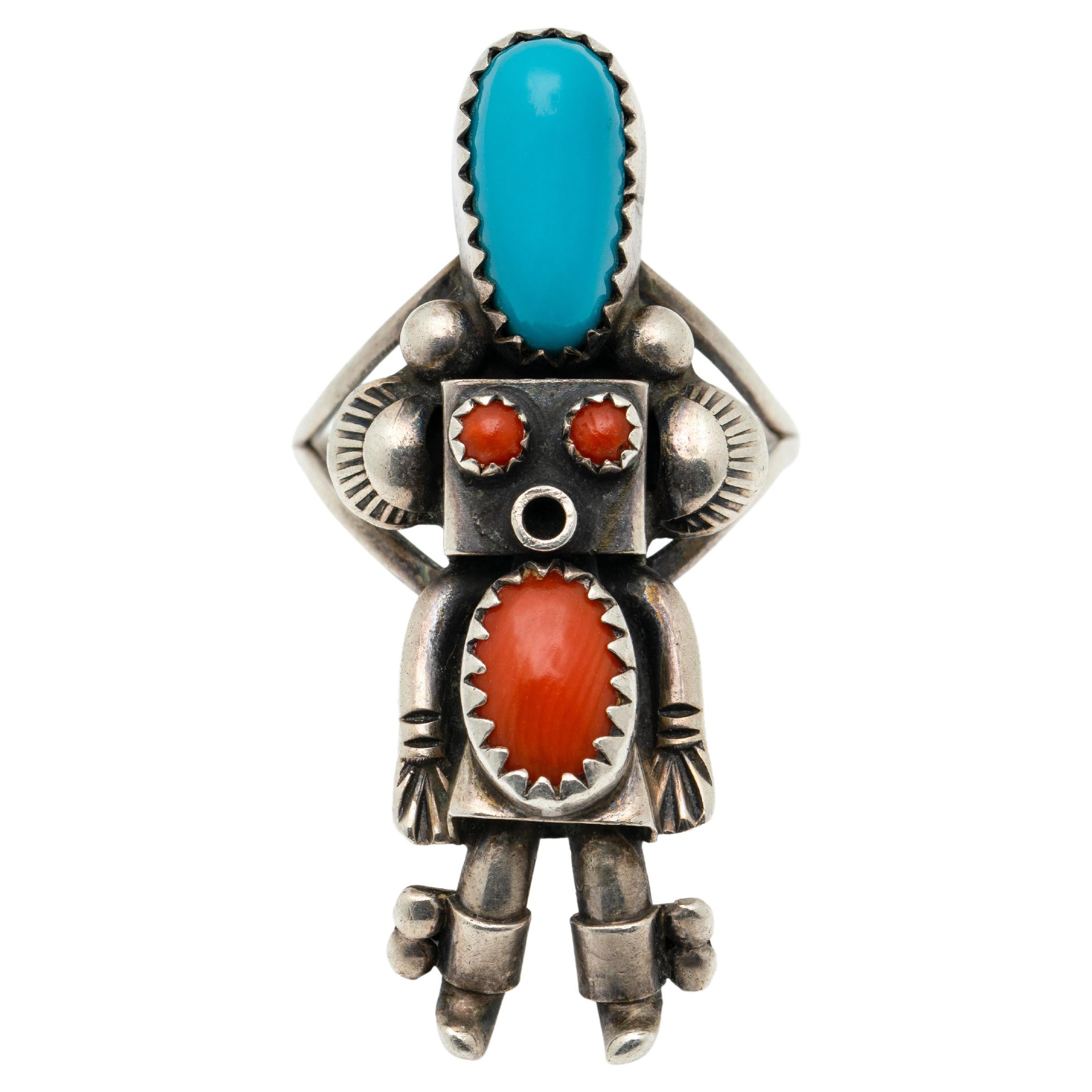 Vintage Native American Zuni Kachina Doll Ring Featuring Coral and Turquoise