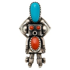 Retro Native American Zuni Kachina Doll Ring Featuring Coral and Turquoise