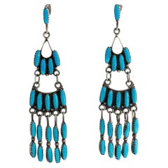 Vintage Native American Zuni Long Silver and Turquoise Chandelier Earrings