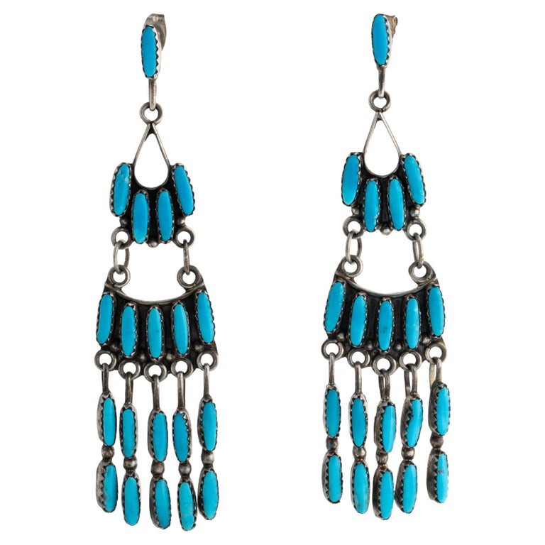 Vintage Native American Zuni Long, Chandelier Style Turquoise Earrings