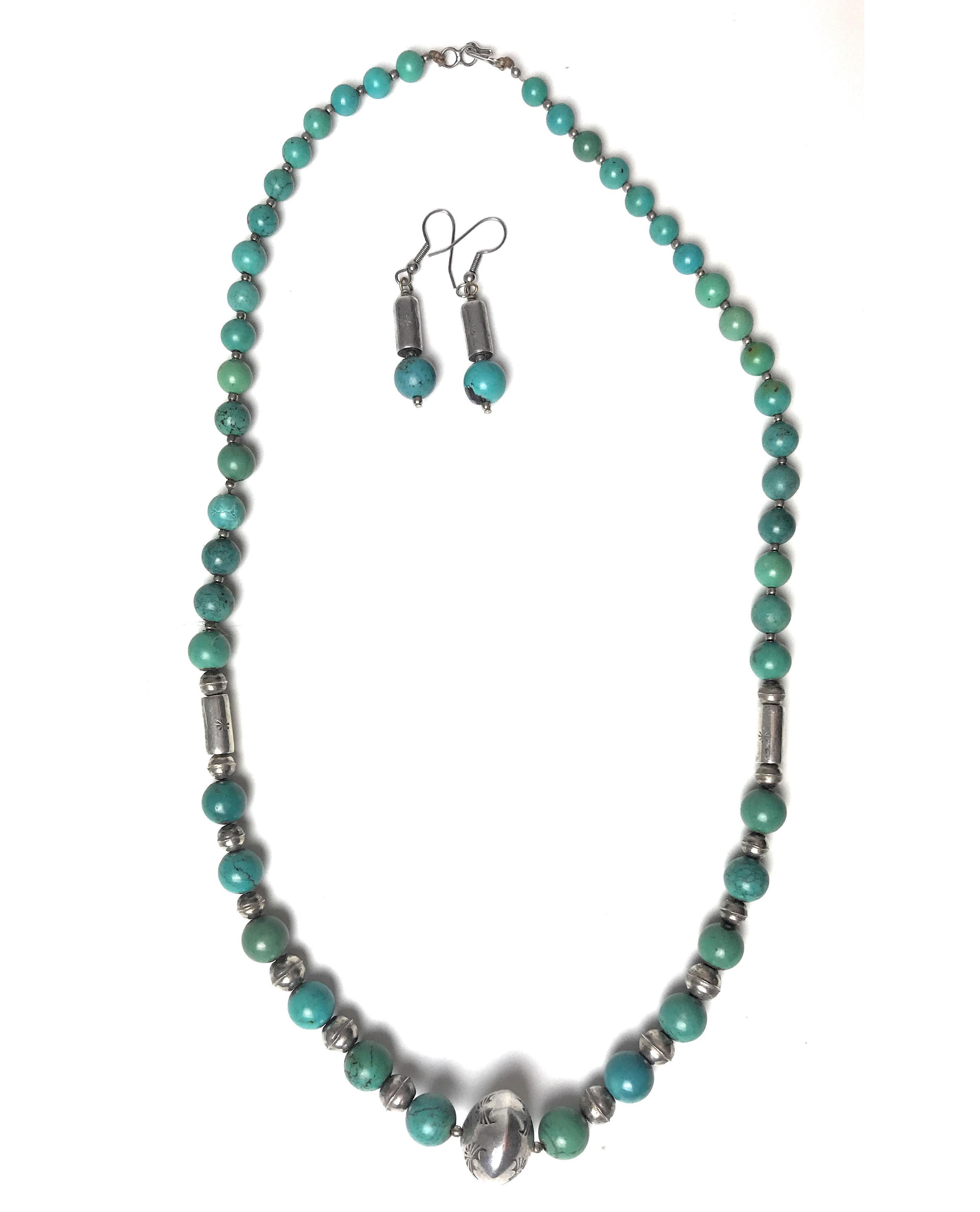 Hand-Crafted Vintage Native American Zuni Necklace Earring Set Sterling Turquoise Jewellery  For Sale