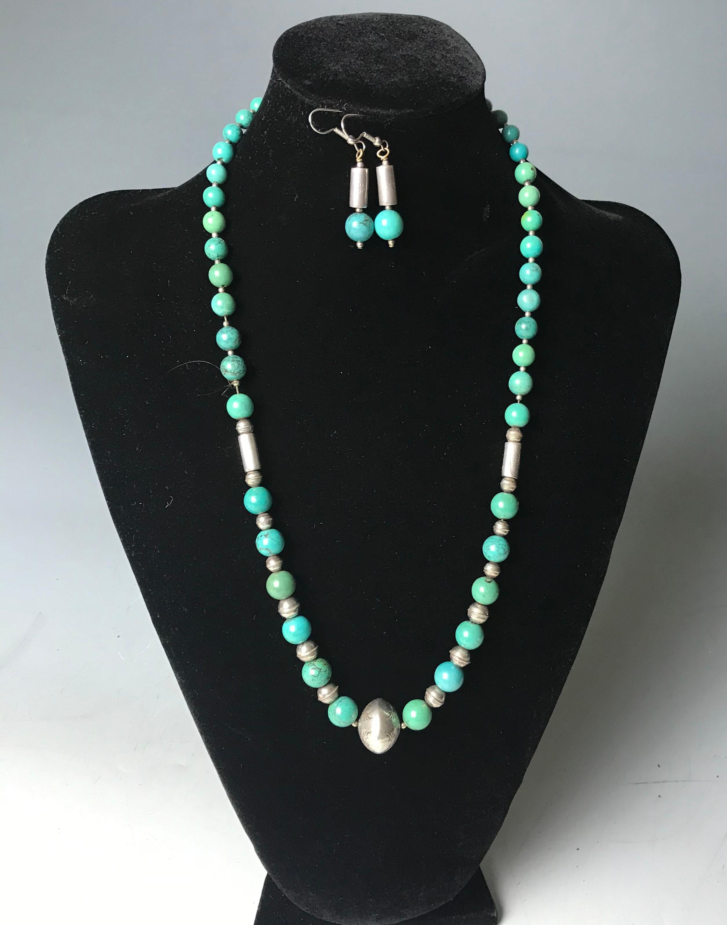 Fait main Vintage Native American Zuni Necklace Earring Set Sterling Turquoise Jewellery  en vente