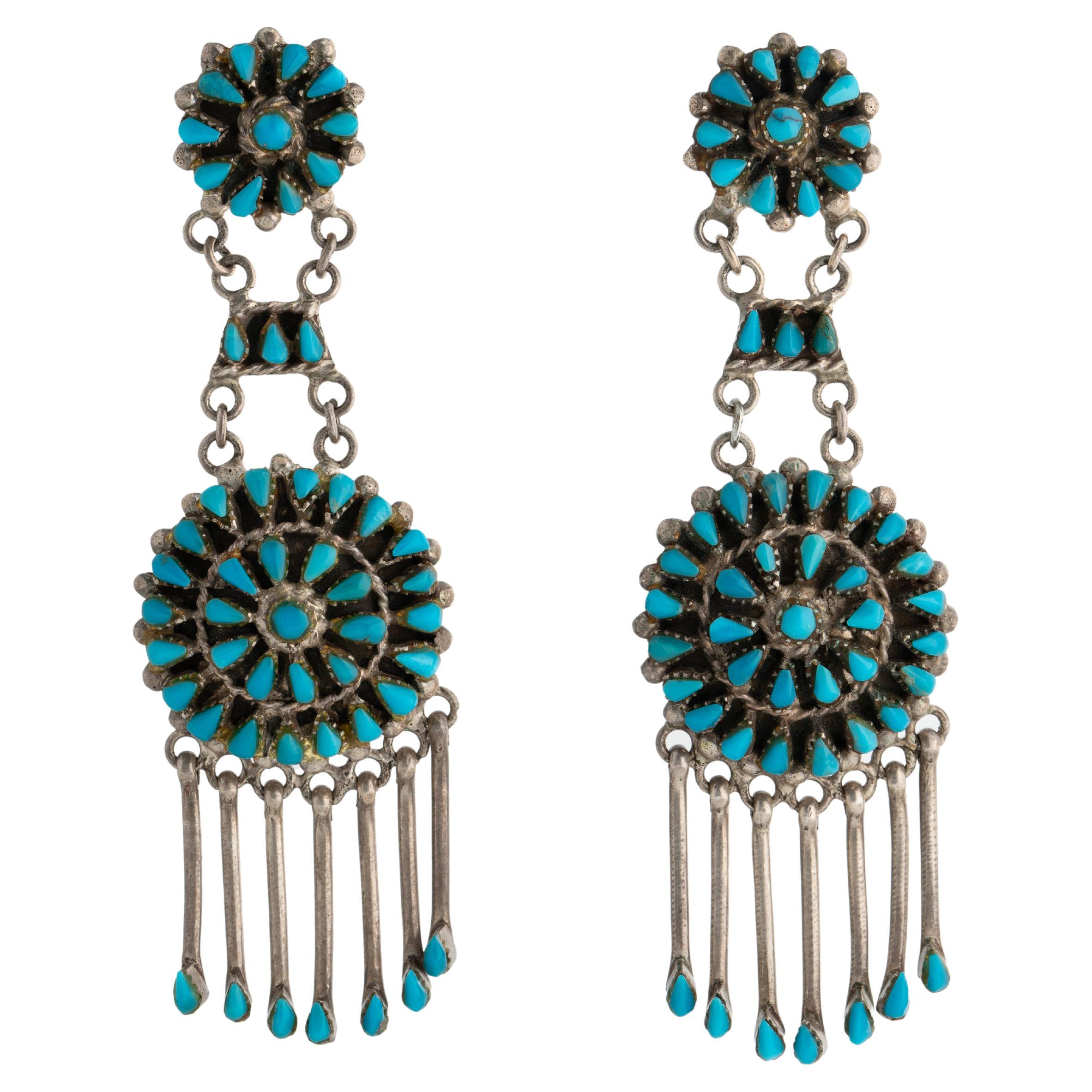 Vintage Native American Zuni Silver and Turquoise Double Drop Fringe Earrings