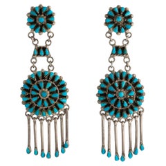 Retro Native American Zuni Silver and Turquoise Double Drop Fringe Earrings