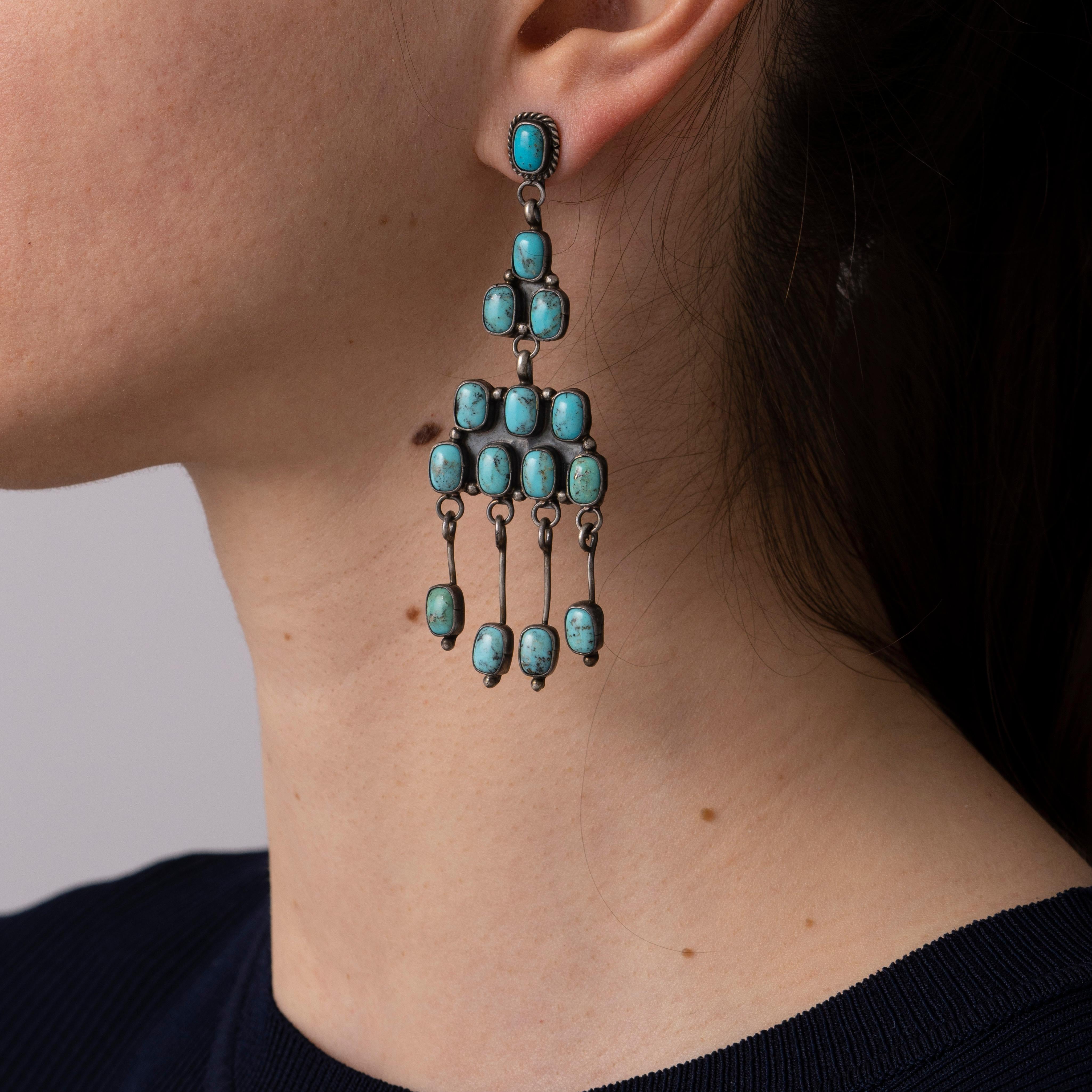 Modern Vintage Native American Zuni Silver and Turquoise Long Chandelier Earrings