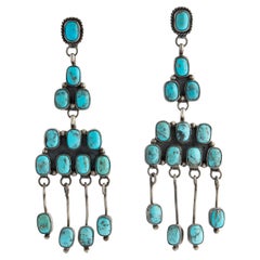 Retro Native American Zuni Silver and Turquoise Long Chandelier Earrings