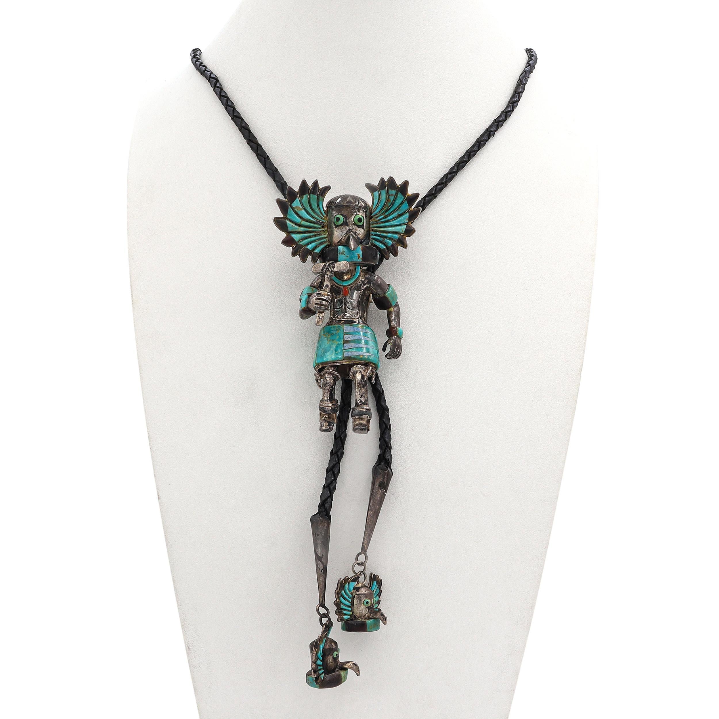Taglio misto Cravatta Kachina Bolo vintage dei nativi americani Zuni in argento sterling con intarsi di pietre multiple in vendita