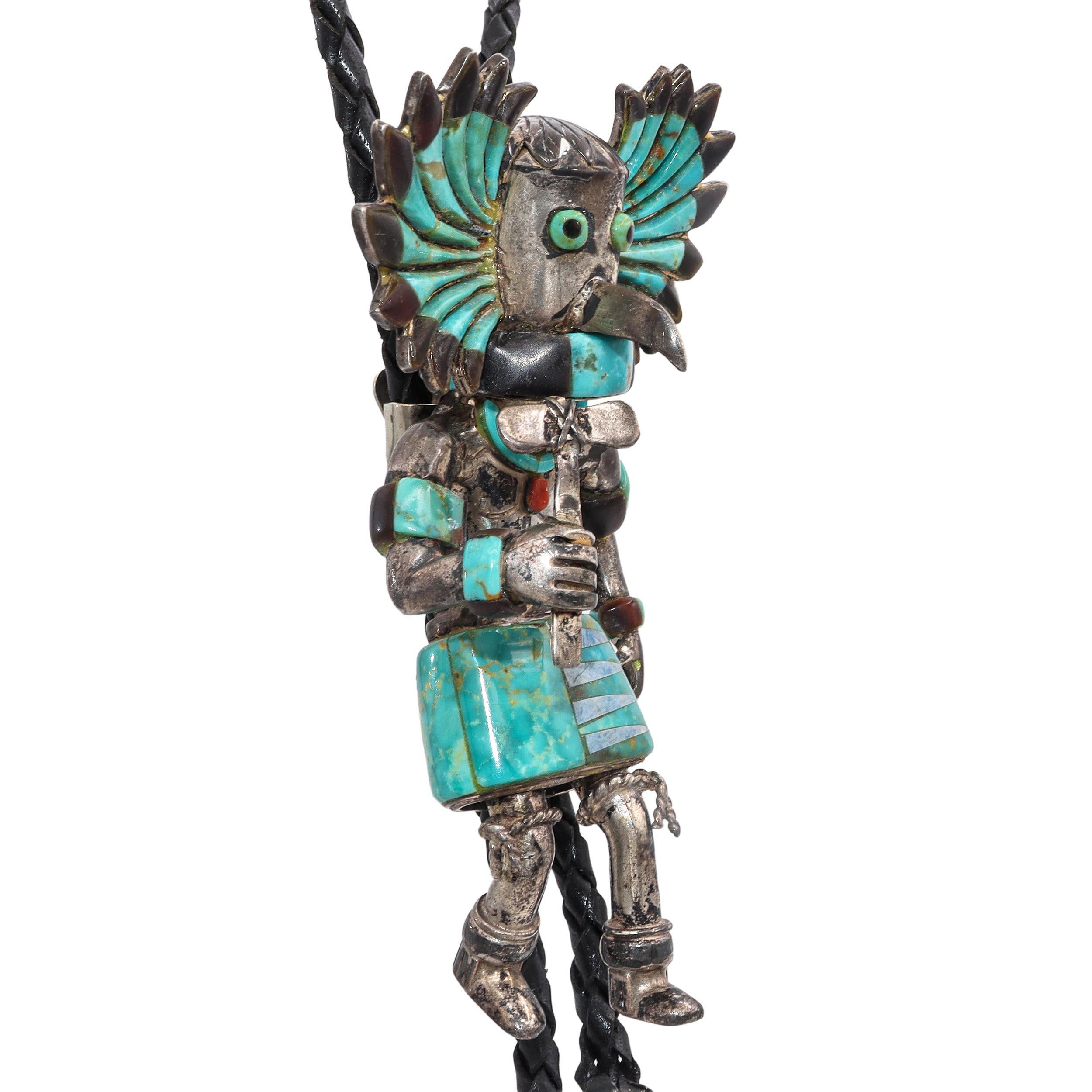 Donna Cravatta Kachina Bolo vintage dei nativi americani Zuni in argento sterling con intarsi di pietre multiple in vendita