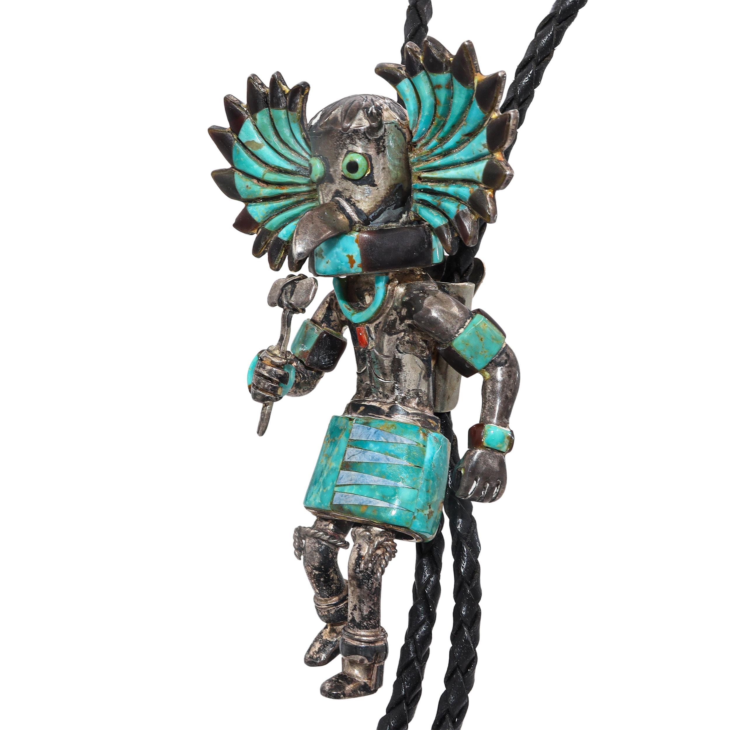 Cravatta Kachina Bolo vintage dei nativi americani Zuni in argento sterling con intarsi di pietre multiple in vendita 1