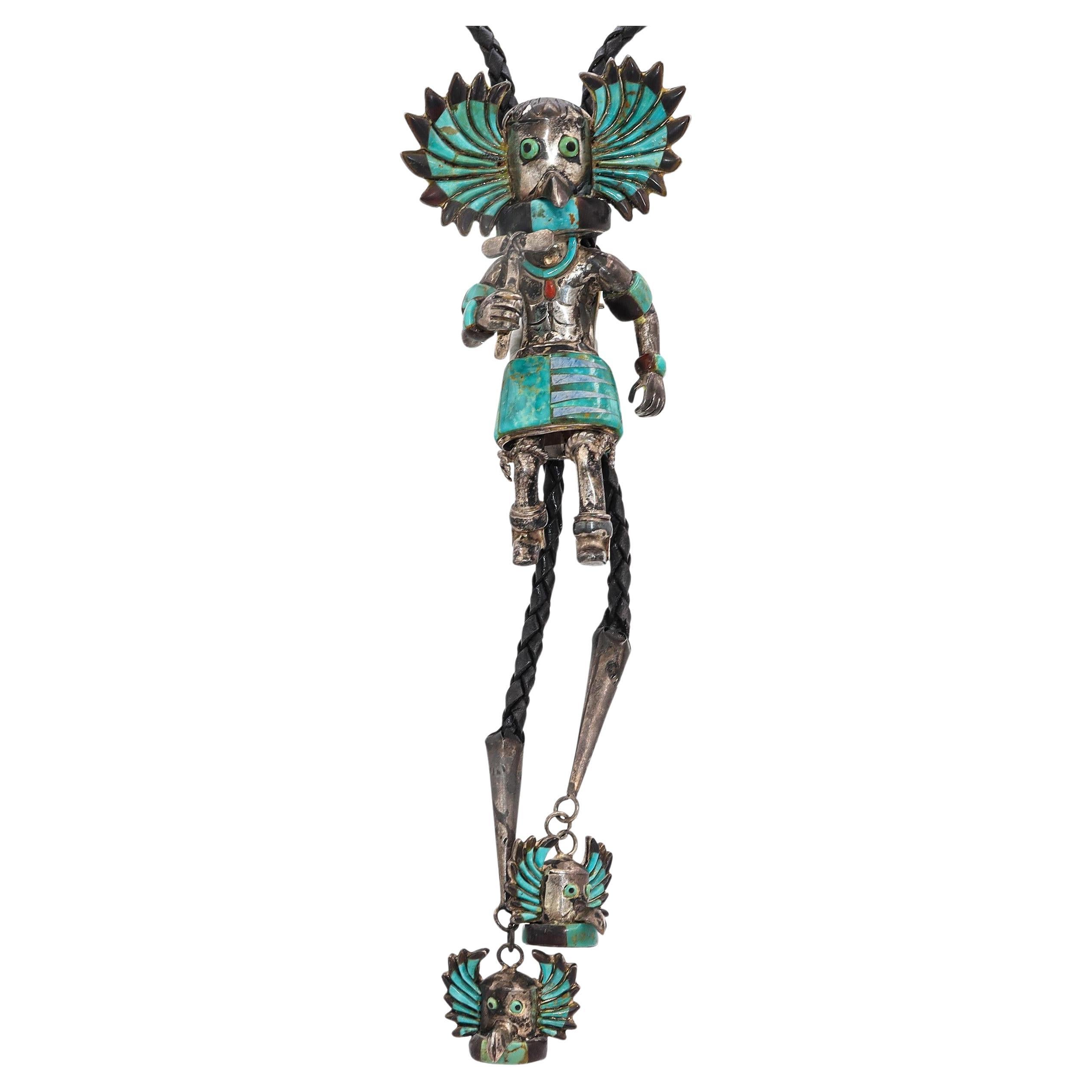 Cravatta Kachina Bolo vintage dei nativi americani Zuni in argento sterling con intarsi di pietre multiple