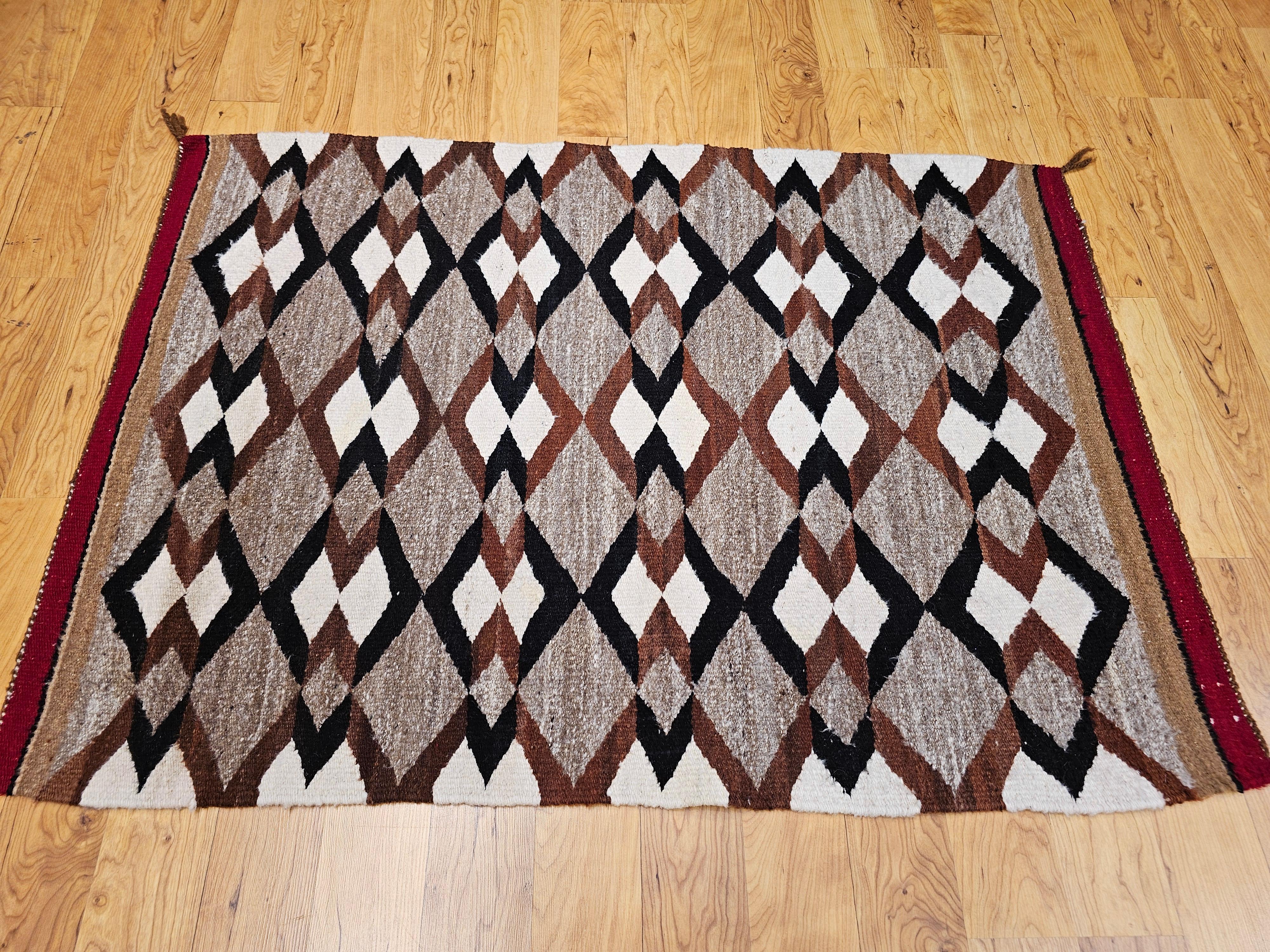 Vintage Native Navajo Area Rug in Diamond Pattern in Gray, Ivory, Black, Brown For Sale 2