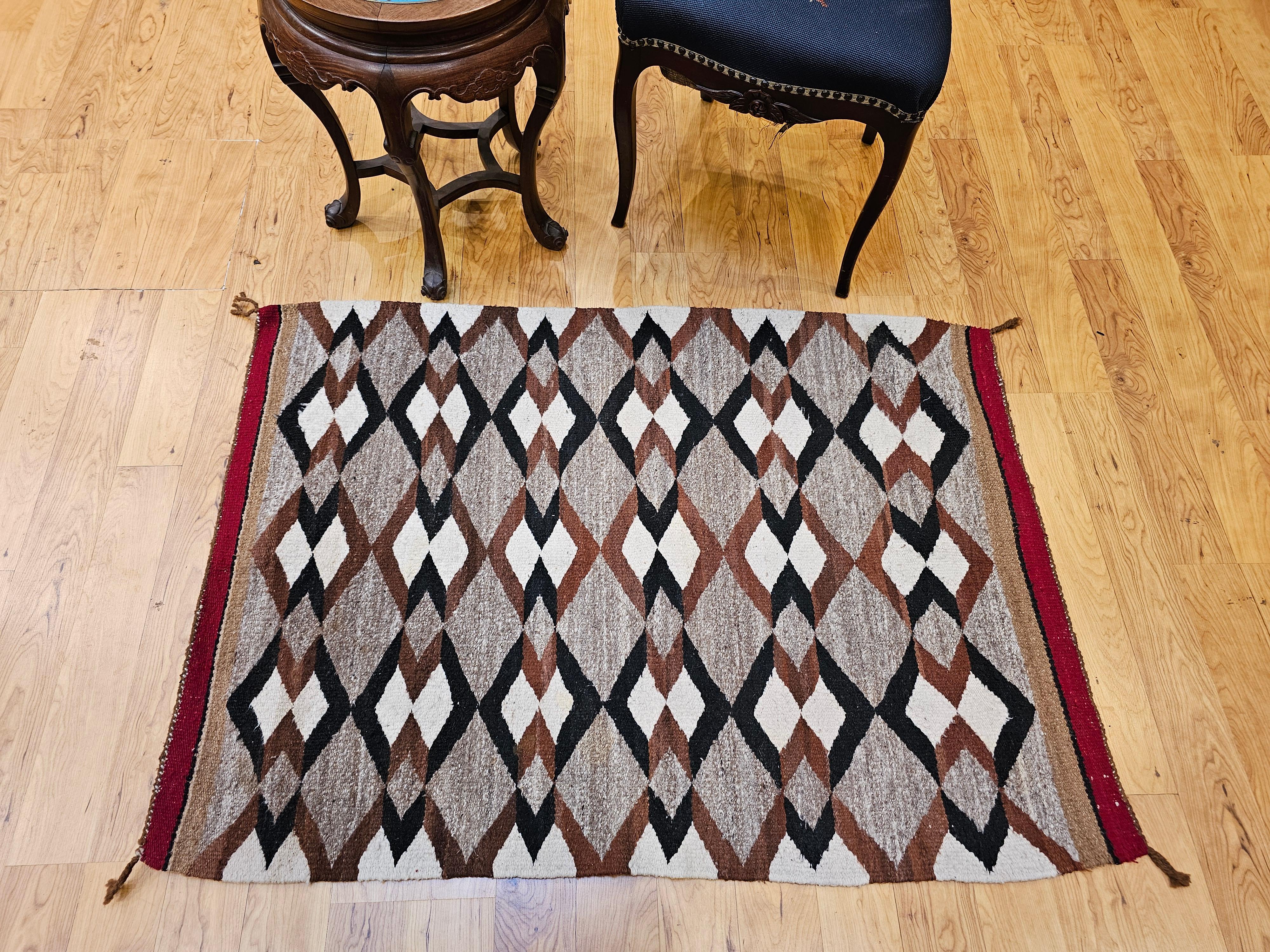 Vintage Native Navajo Area Rug in Diamond Pattern in Gray, Ivory, Black, Brown For Sale 9