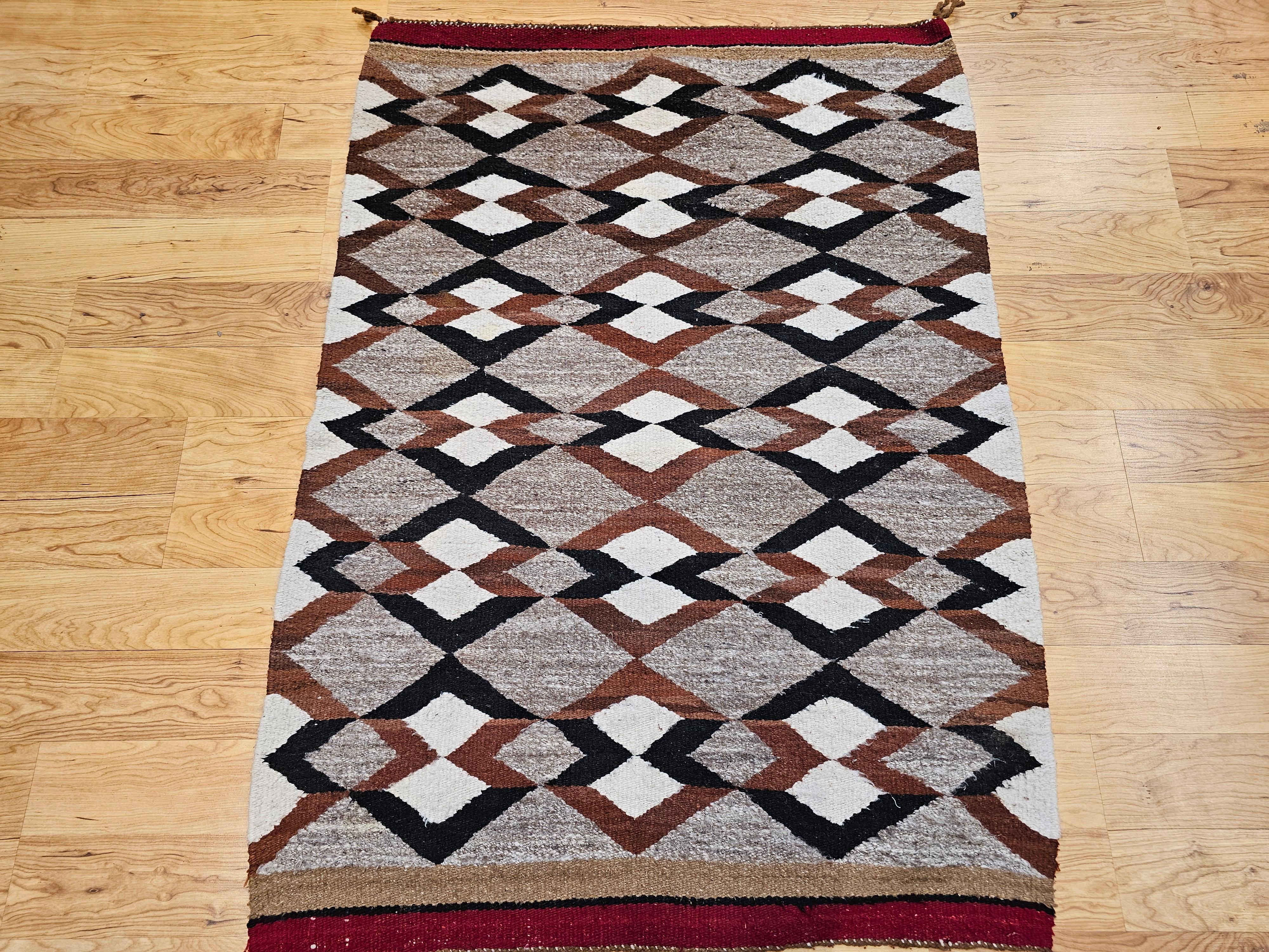 Vintage Native Navajo Area Rug in Diamond Pattern in Gray, Ivory, Black, Brown For Sale 10
